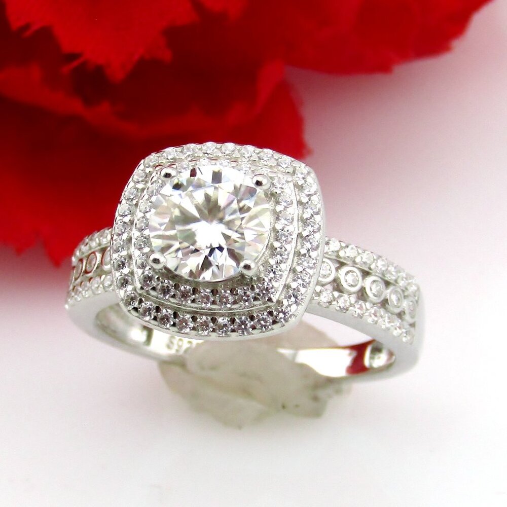 1 Carat Real Moissanite Diamond Square Halo Engagement Ring 925 Silver Size 7